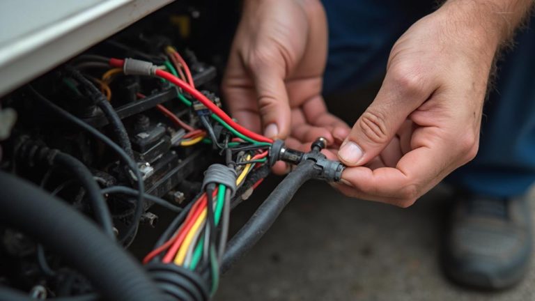 Mains d'un réparateur branchant des câbles électriques colorés dans un appareil.