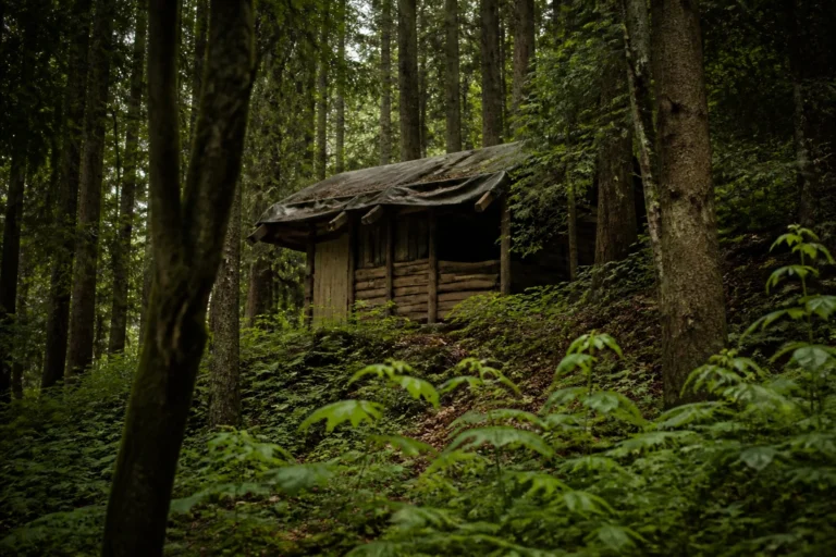 Cabane en bois construite illégalement en pleine forêt, sans autorisation