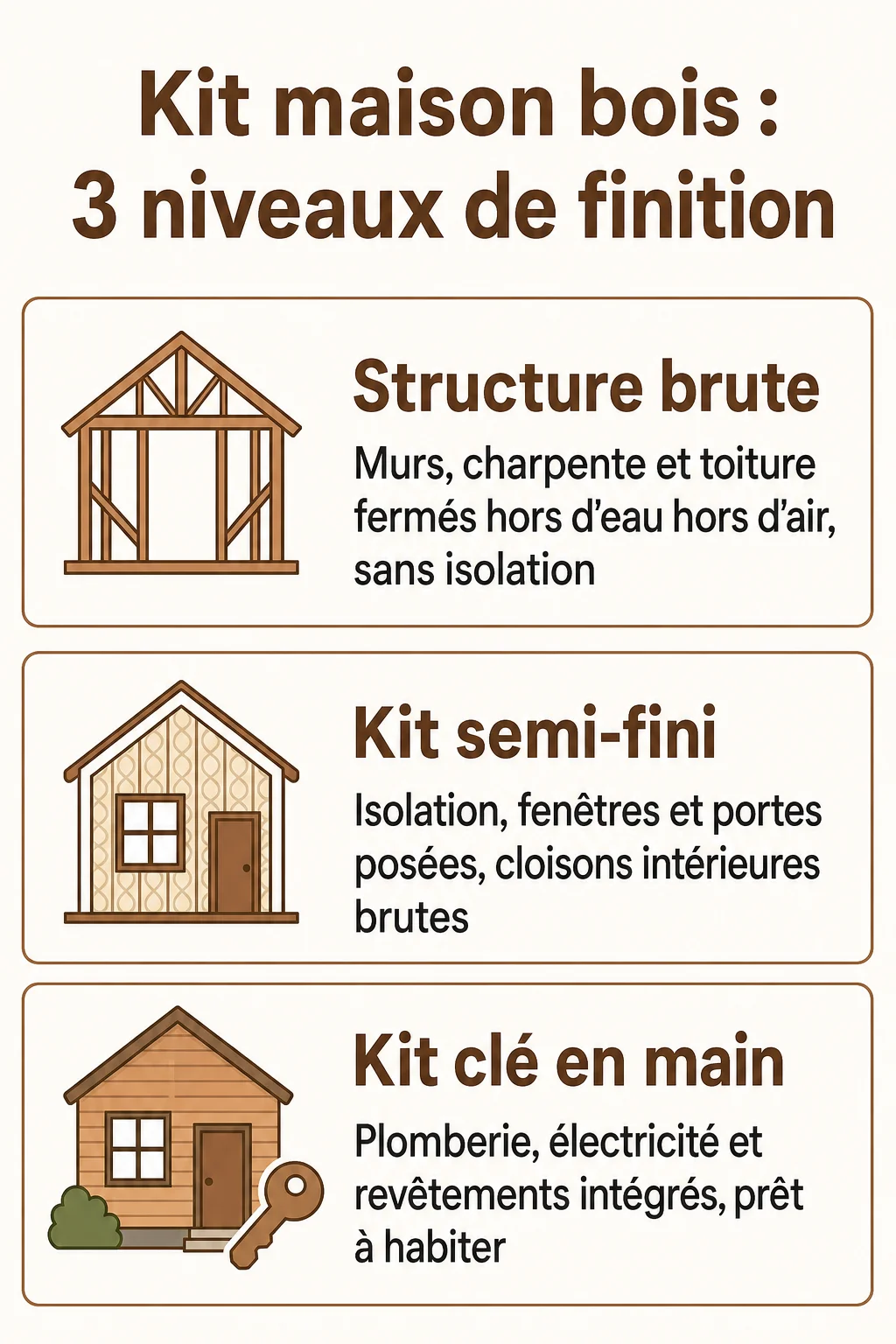 Kit maison bois : 3 niveaux de finition : Structure brute, Kit semi-fini, Kit clé en main
