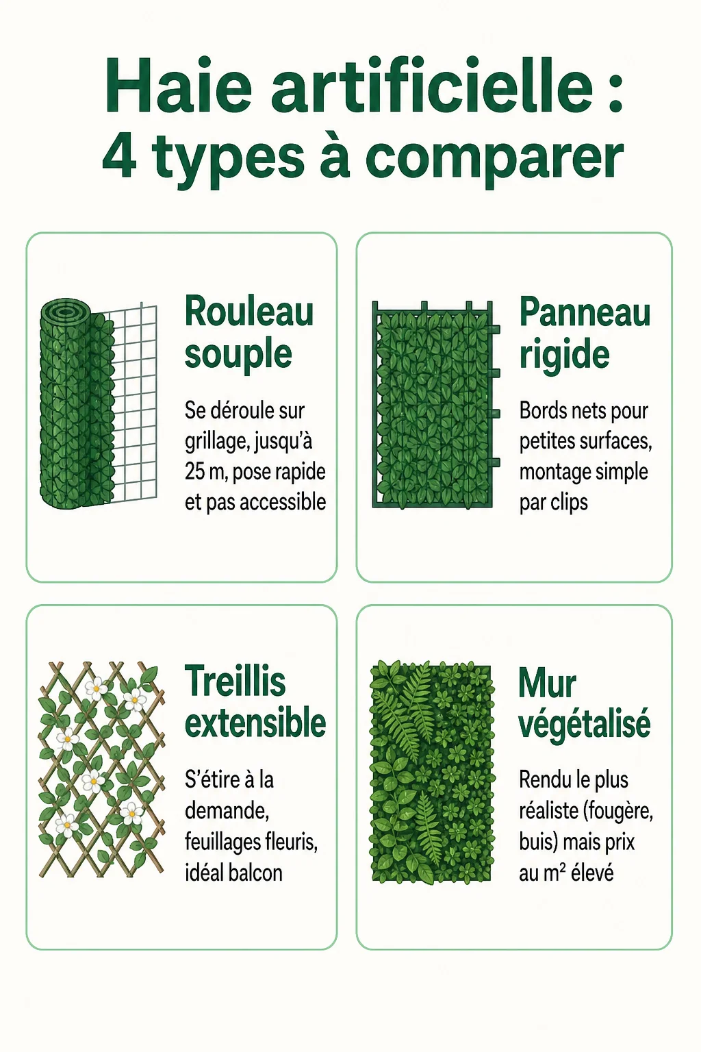 Haie artificielle : 4 types à comparer : Rouleau souple, Panneau rigide, Treillis extensible, Mur végétalisé