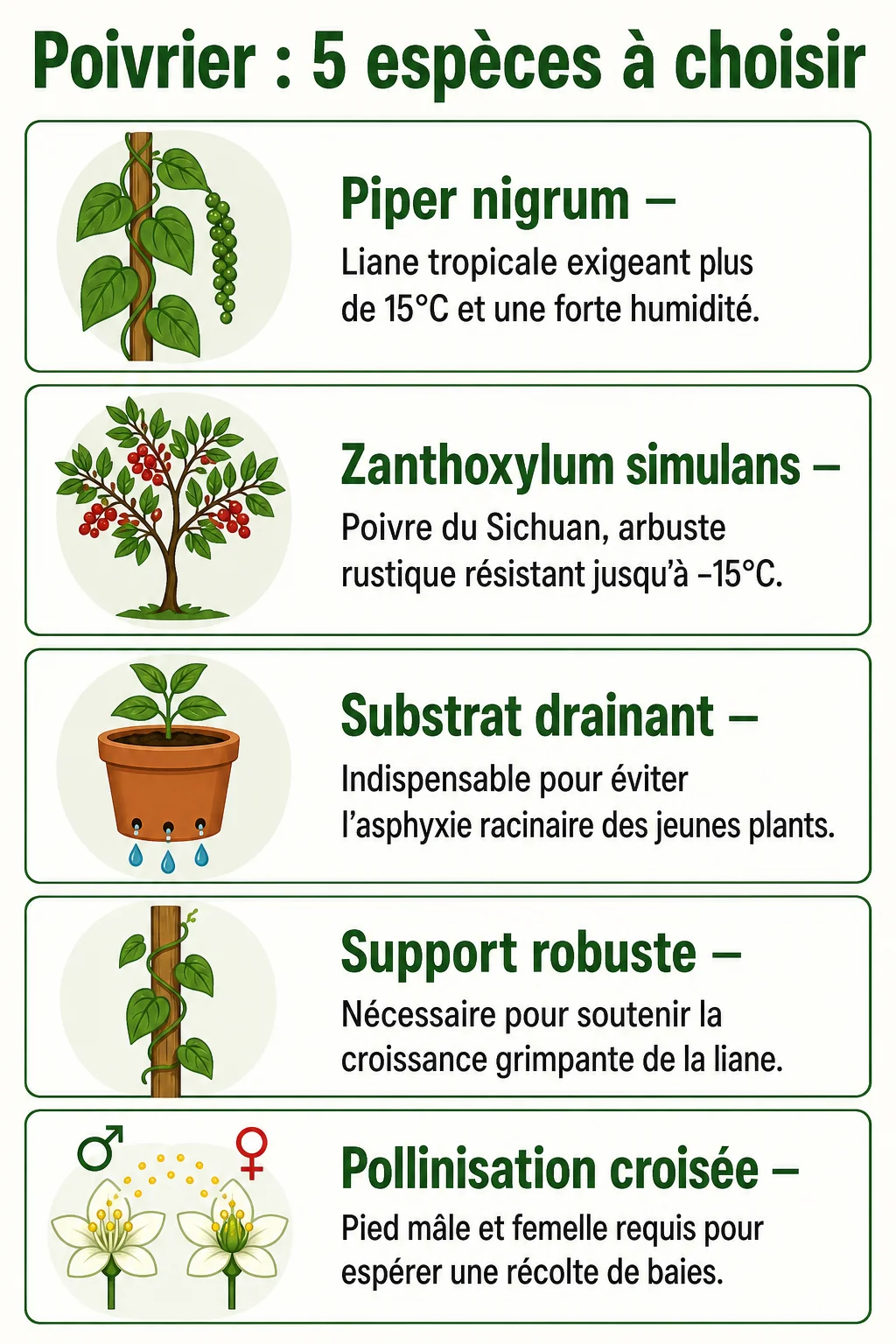 Poivrier : 5 espèces à choisir : Piper nigrum, Zanthoxylum simulans, Substrat drainant, Support robuste, Pollinisation croisée