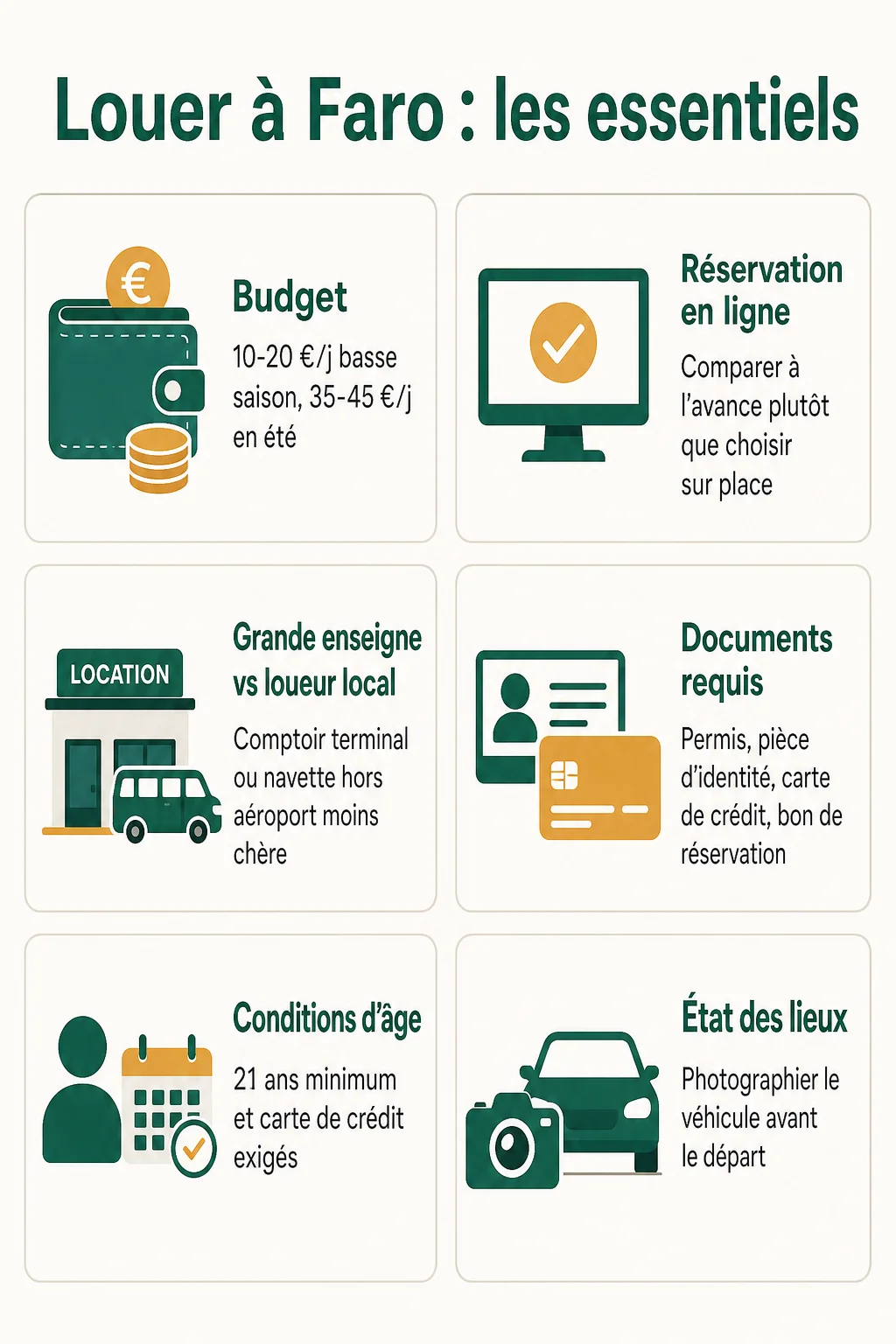 Louer à Faro : les essentiels : Budget, Réservation en ligne, Grande enseigne vs loueur local, Documents requis, Conditions d'âge, État des lieux