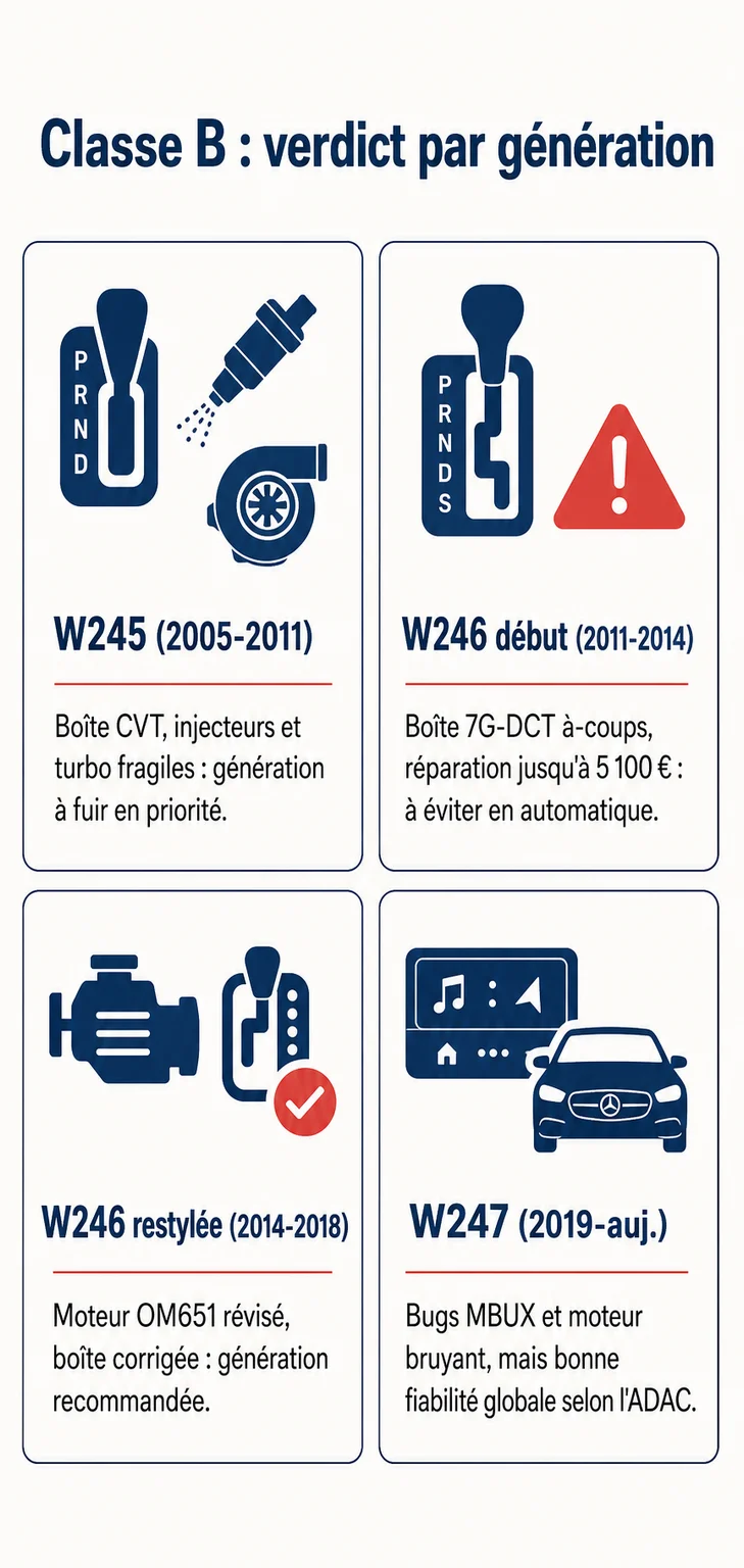 Classe B : verdict par génération : W245 (2005-2011), W246 début (2011-2014), W246 restylée (2014-2018), W247 (2019-auj.)