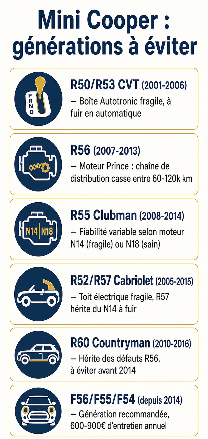 Mini Cooper : générations à éviter : R50/R53 CVT (2001-2006), R56 (2007-2013), R55 Clubman (2008-2014), R52/R57 Cabriolet (2005-2015), R60 Countryman (2010-2016), F56/F55/F54 (depuis 2014)