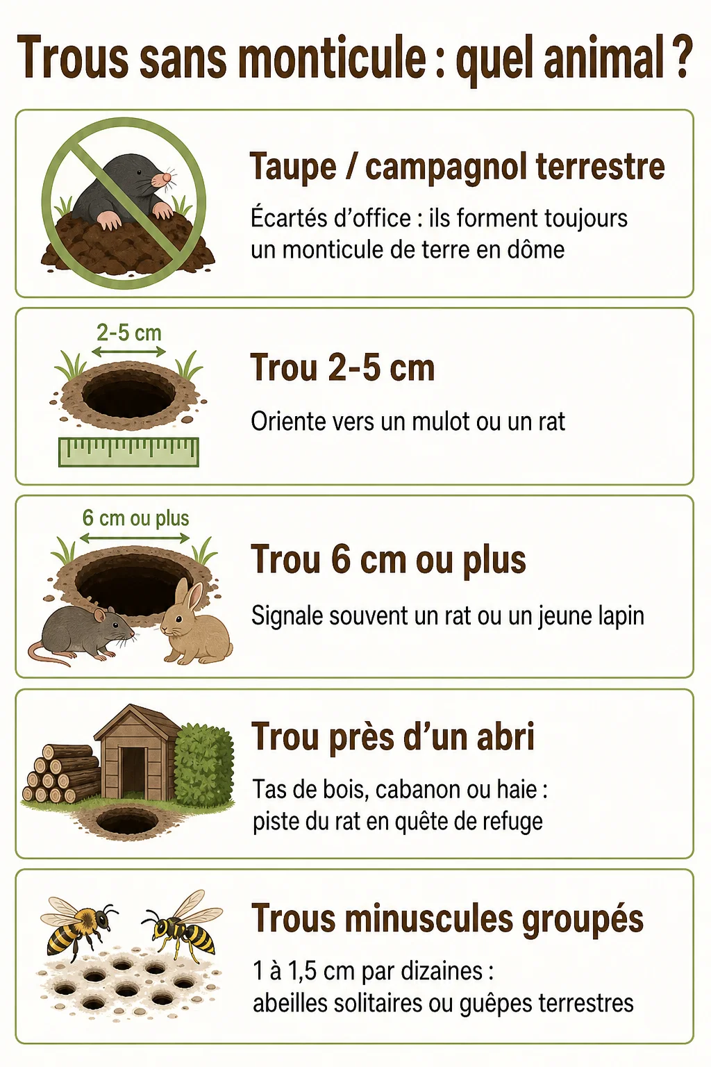 Trous sans monticule : quel animal ? : Taupe / campagnol terrestre, Trou 2-5 cm, Trou 6 cm ou plus, Trou près d'un abri, Trous minuscules groupés