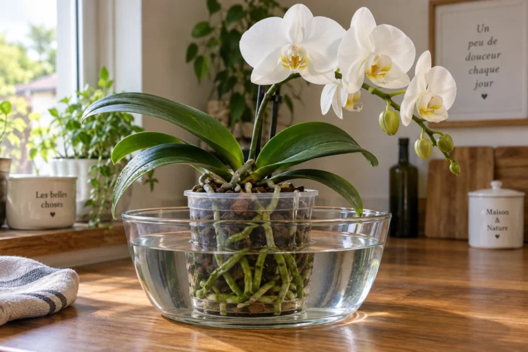 Pot d'orchidée phalaenopsis en bassinage dans un bac d'eau, racines vertes visibles