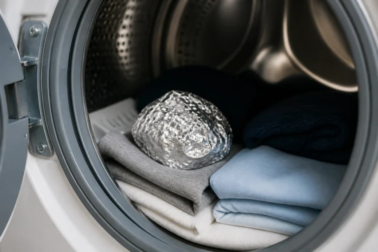 Boule de papier aluminium posée dans le tambour d'une machine à laver