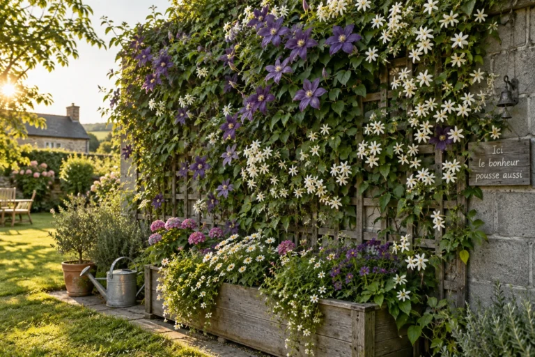 Mur de jardin habillé d'un treillis en bois avec clématite et jasmin en fleurs