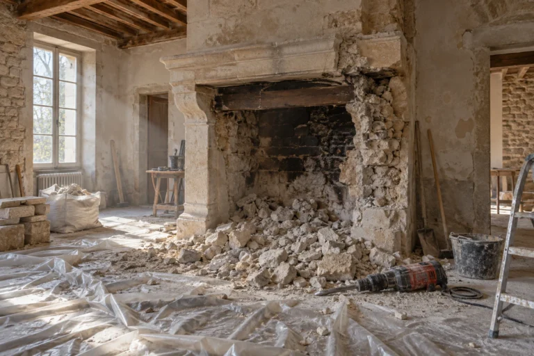 Cheminée en pierre partiellement démolie lors d'un chantier de rénovation avec gravats protégés