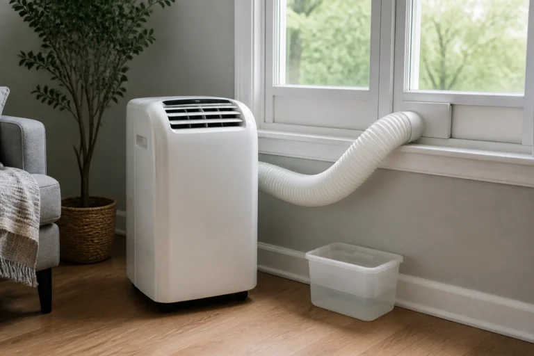 Climatiseur mobile avec réservoir de condensats et tuyau d'évacuation près d'une fenêtre