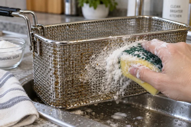 Nettoyage d'une friteuse avec du bicarbonate de soude sur une éponge