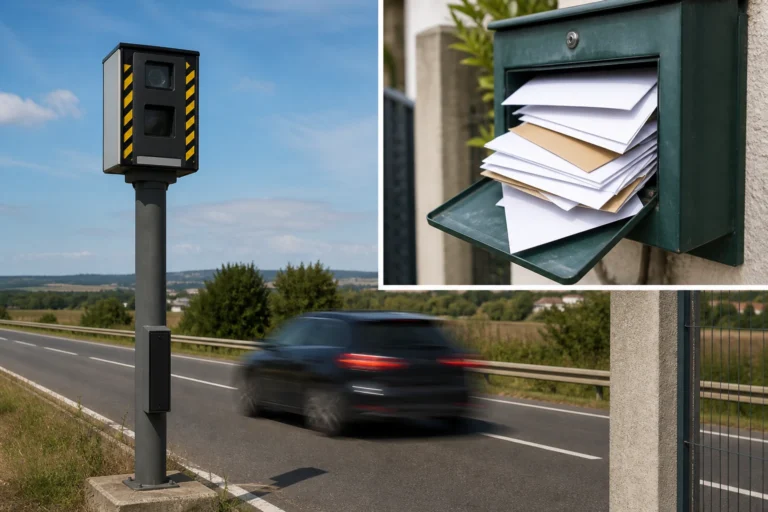 Radar routier en bordure de route et boîte aux lettres avec courrier, illustrant le délai de réception d'une amende