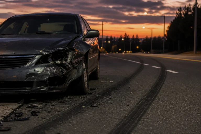 Scène d'accident de voiture avec phare cassé et traces de freinage, illustrant le délit de fuite