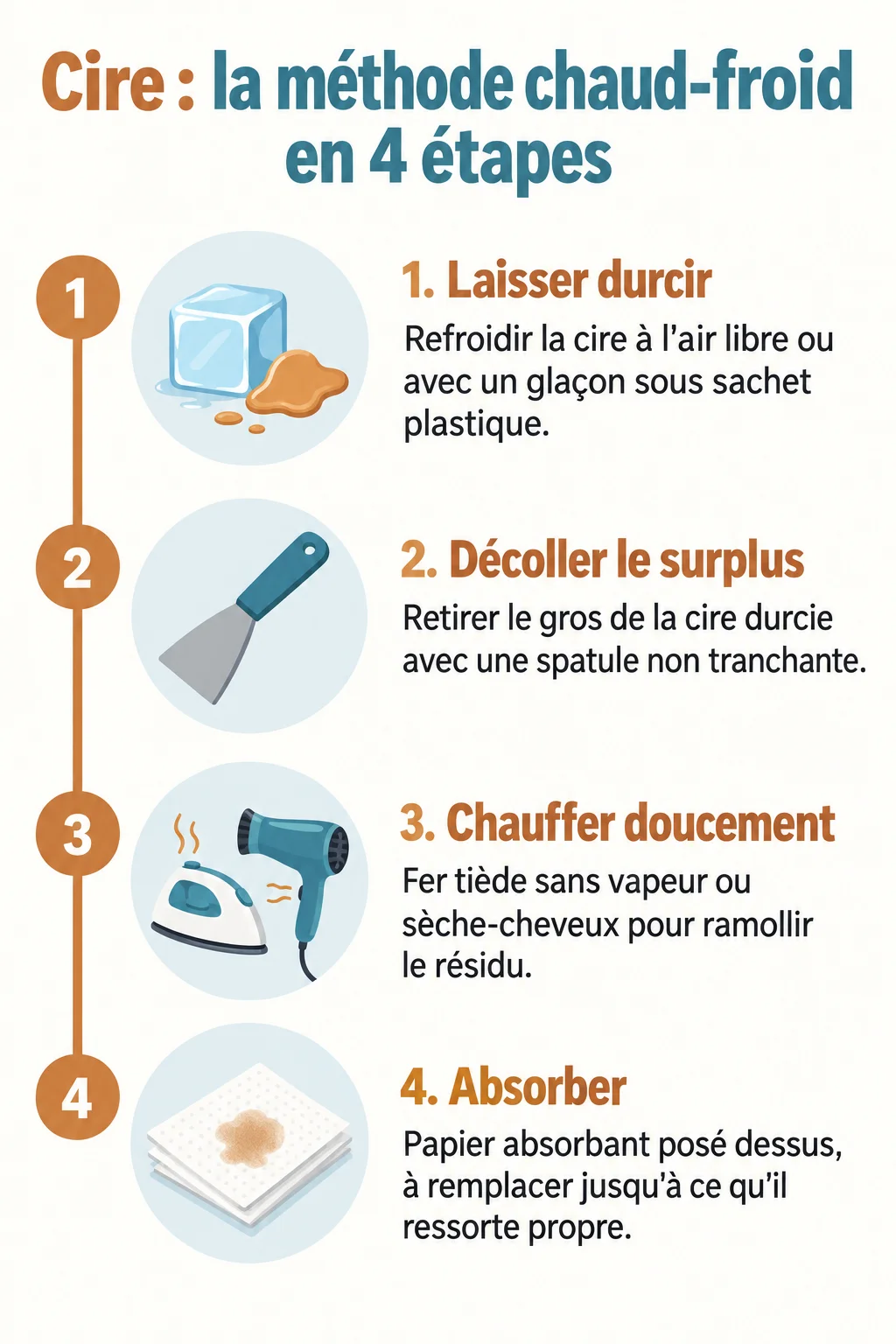 Cire : la méthode chaud-froid en 4 étapes : 1. Laisser durcir, 2. Décoller le surplus, 3. Chauffer doucement, 4. Absorber