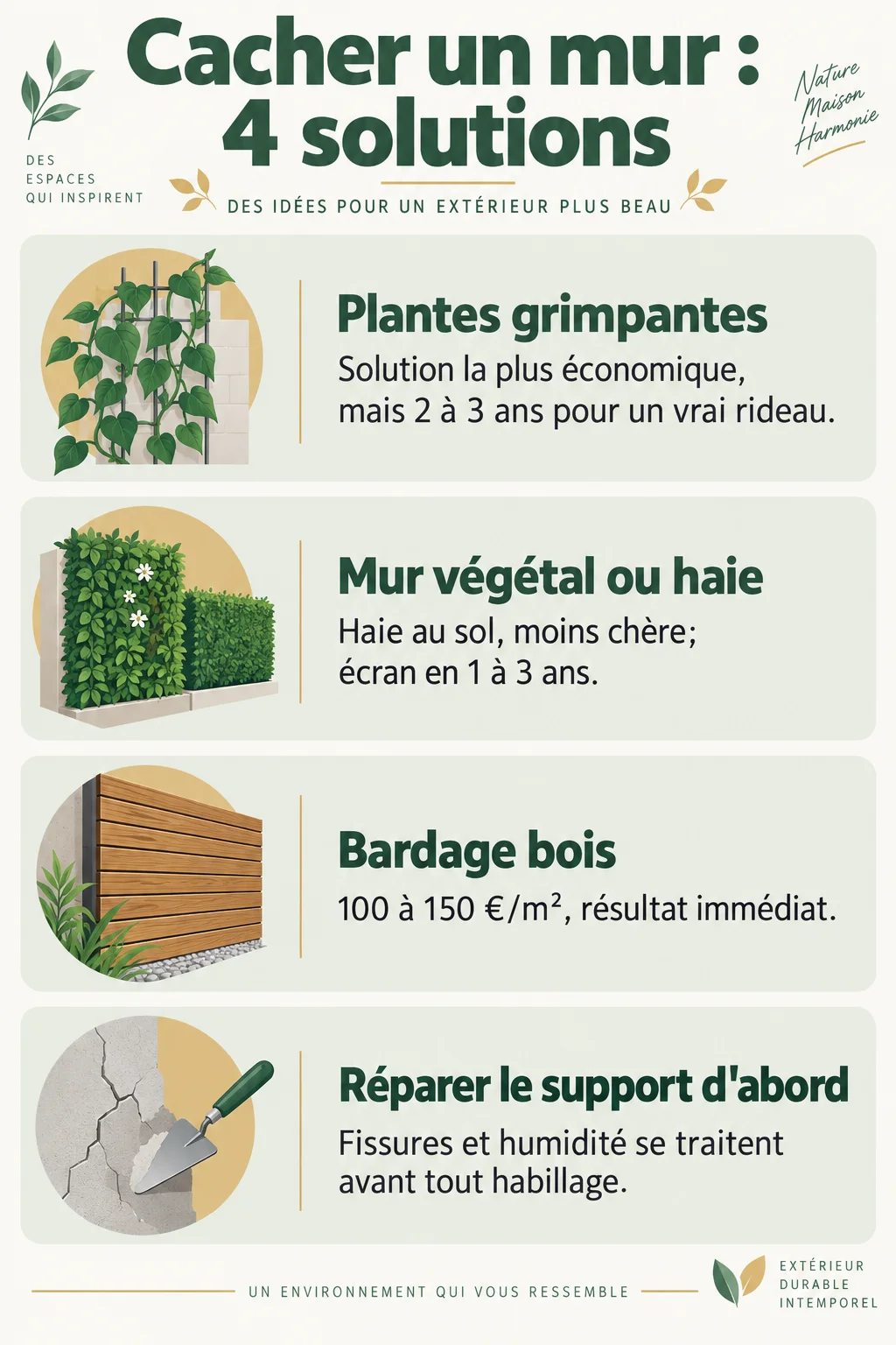 Cacher un mur : 4 solutions : Plantes grimpantes, Mur végétal ou haie, Bardage bois, Réparer le support d'abord