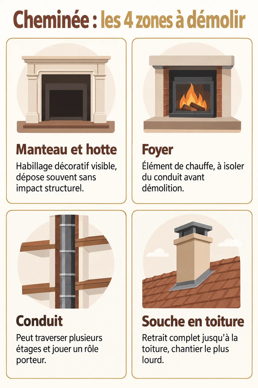 Cheminée : les 4 zones à démolir : Manteau et hotte, Foyer, Conduit, Souche en toiture