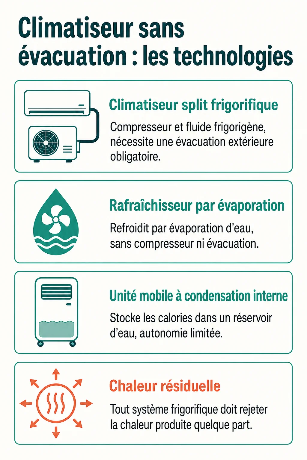 Climatiseur sans évacuation : les technologies : Climatiseur split frigorifique, Rafraîchisseur par évaporation, Unité mobile à condensation interne, Chaleur résiduelle