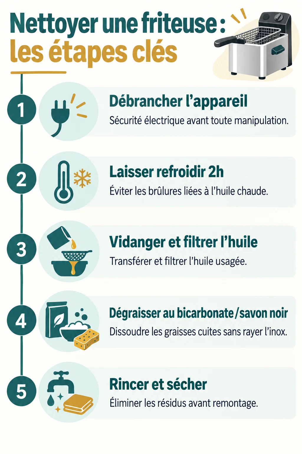 Nettoyer une friteuse : les étapes clés : 1. Débrancher l'appareil, 2. Laisser refroidir 2h, 3. Vidanger et filtrer l'huile, 4. Dégraisser au bicarbonate/savon noir, 5. Rincer et sécher