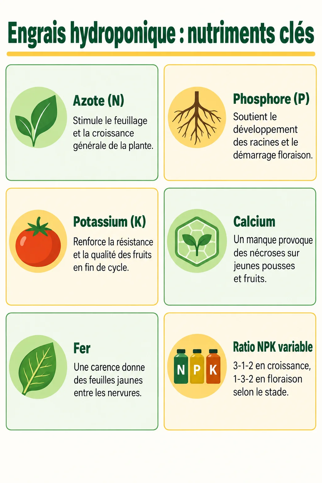 Engrais hydroponique : nutriments clés : Azote (N), Phosphore (P), Potassium (K), Calcium, Fer, Ratio NPK variable