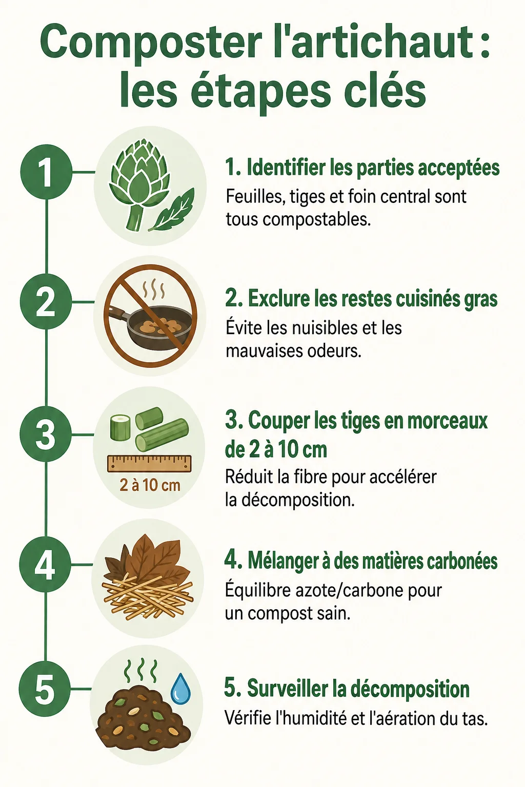 Composter l'artichaut : les étapes clés : 1. Identifier les parties acceptées, 2. Exclure les restes cuisinés gras, 3. Couper les tiges en morceaux de 2 à 10 cm, 4. Mélanger à des matières carbonées, 5. Surveiller la décomposition
