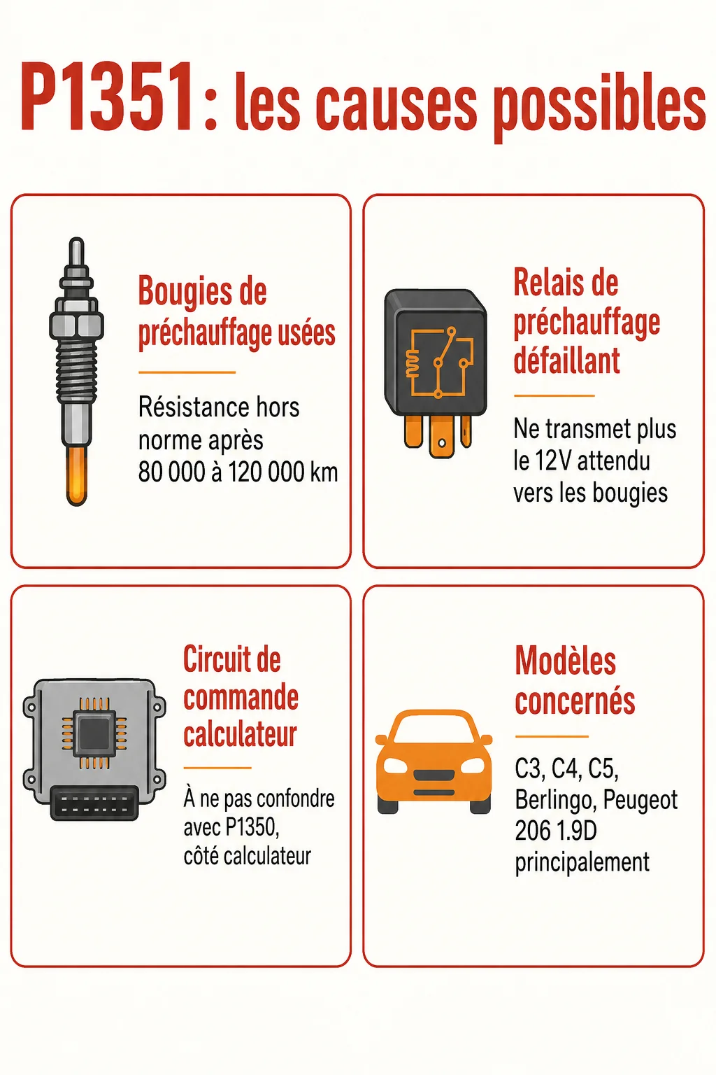 P1351 : les causes possibles : Bougies de préchauffage usées, Relais de préchauffage défaillant, Circuit de commande calculateur, Modèles concernés