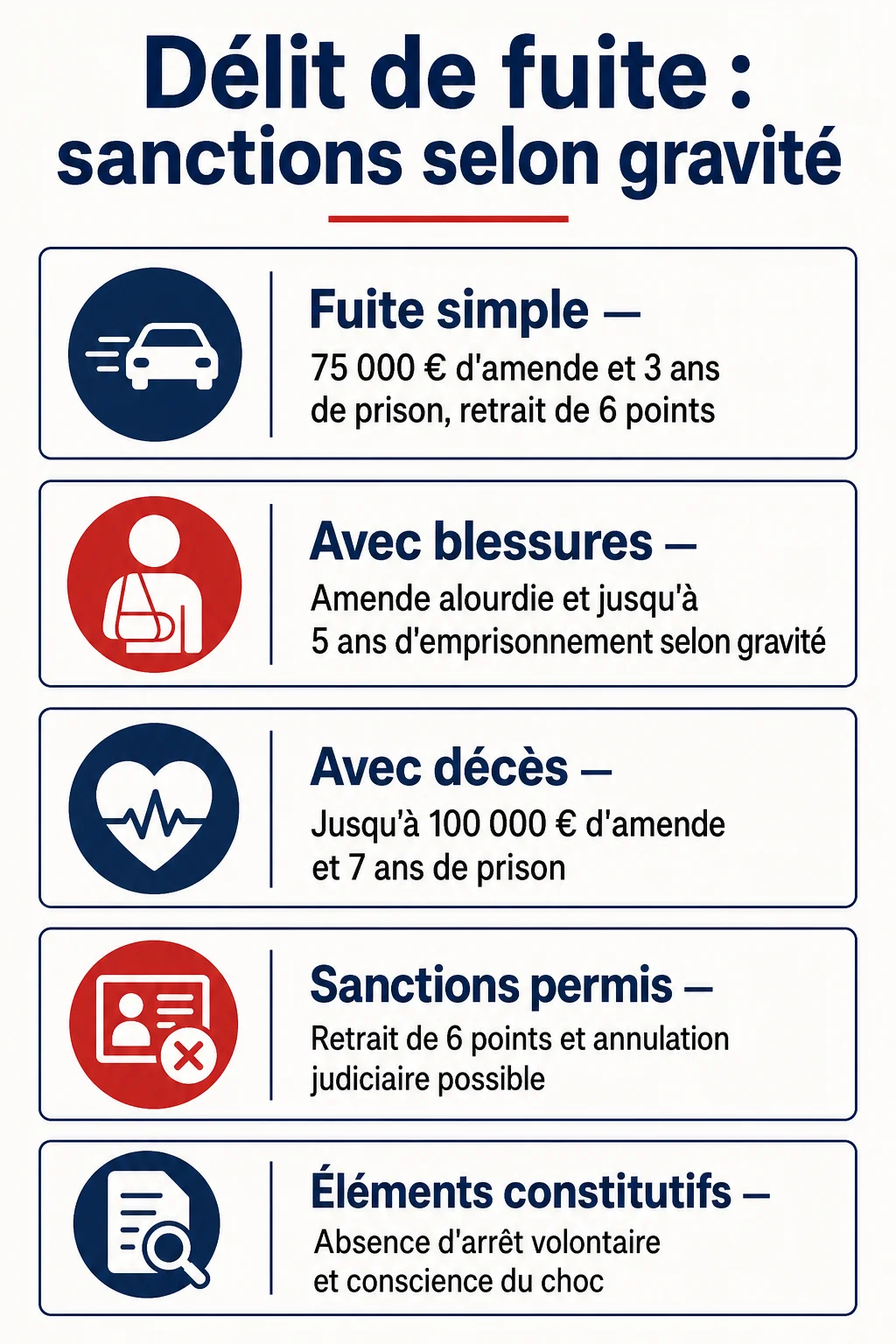 Délit de fuite : sanctions selon gravité : Fuite simple, Avec blessures, Avec décès, Sanctions permis, Éléments constitutifs