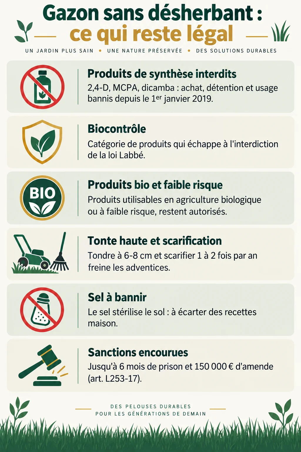 Gazon sans désherbant : ce qui reste légal : Produits de synthèse interdits, Biocontrôle, Produits bio et faible risque, Tonte haute et scarification, Sel à bannir, Sanctions encourues