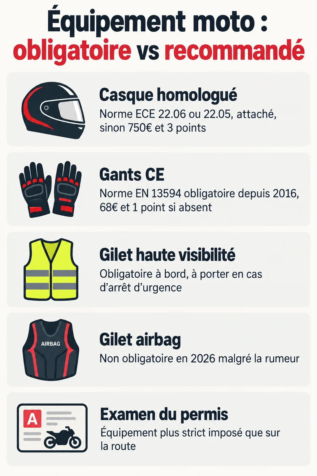 Équipement moto : obligatoire vs recommandé : Casque homologué, Gants CE, Gilet haute visibilité, Gilet airbag, Examen du permis