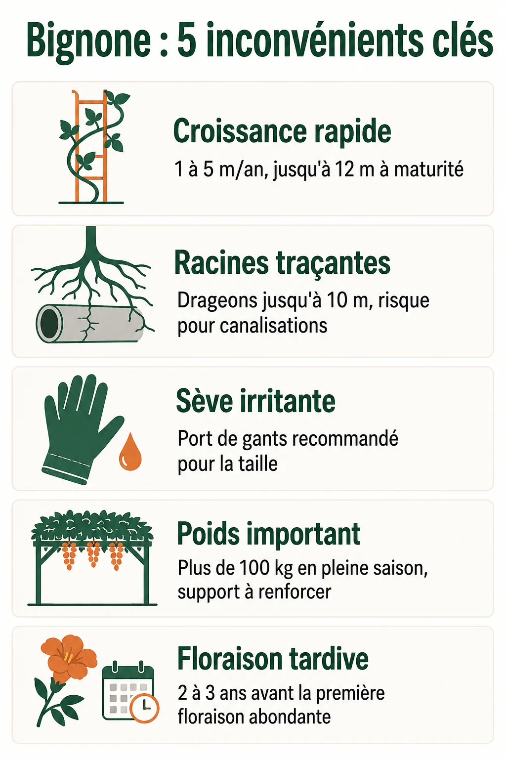 Bignone : 5 inconvénients clés : Croissance rapide, Racines traçantes, Sève irritante, Poids important, Floraison tardive