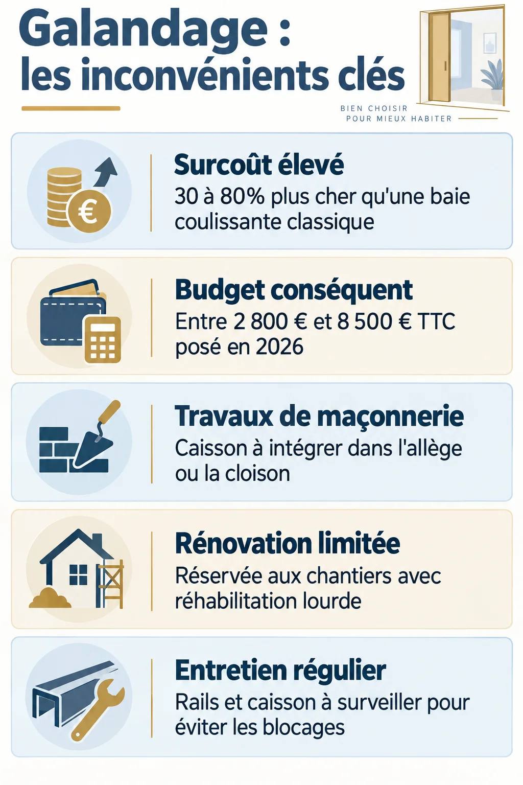 Galandage : les inconvénients clés : Surcoût élevé, Budget conséquent, Travaux de maçonnerie, Rénovation limitée, Entretien régulier