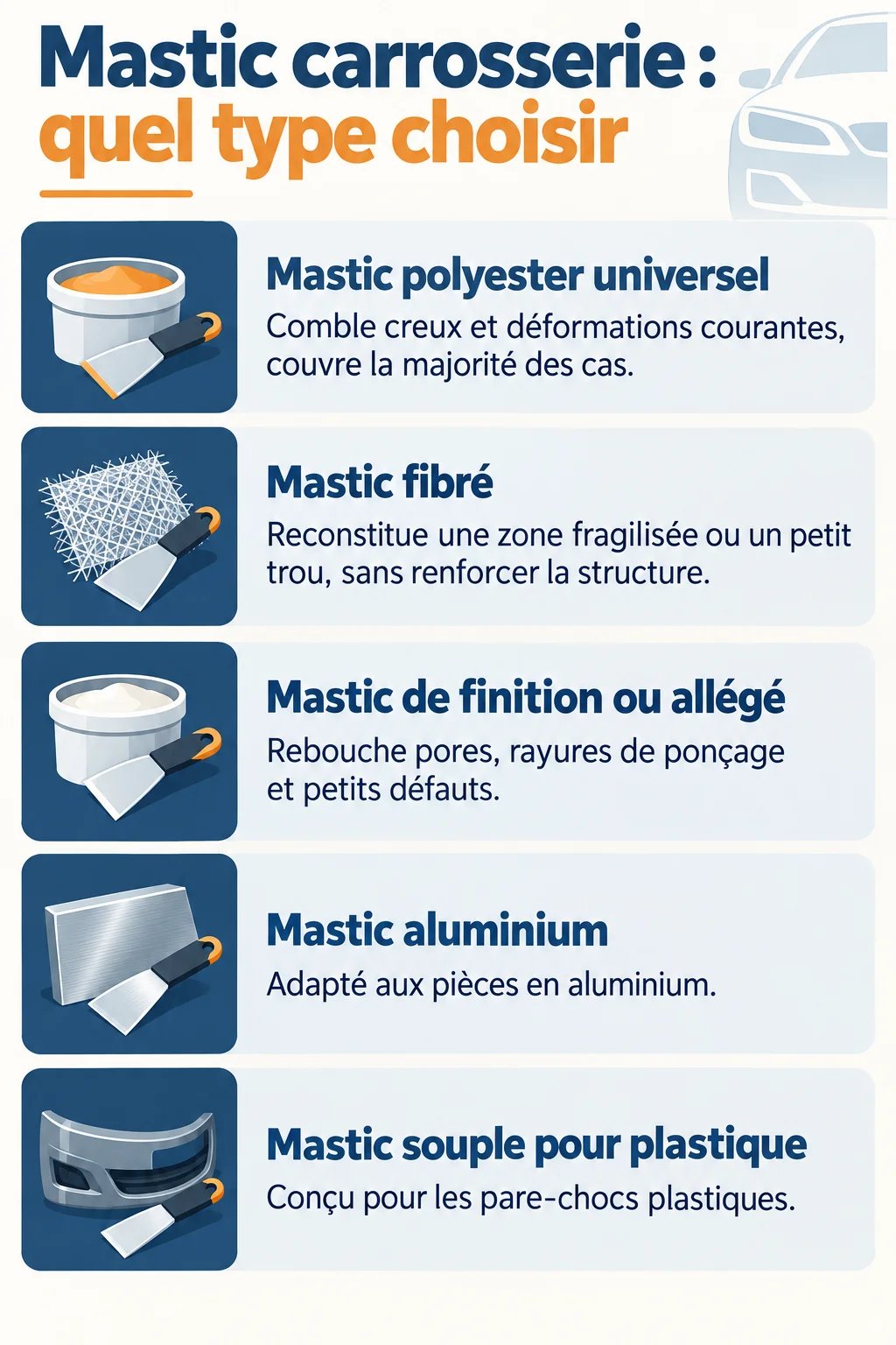 Mastic carrosserie : quel type choisir : Mastic polyester universel, Mastic fibré, Mastic de finition ou allégé, Mastic aluminium, Mastic souple pour plastique