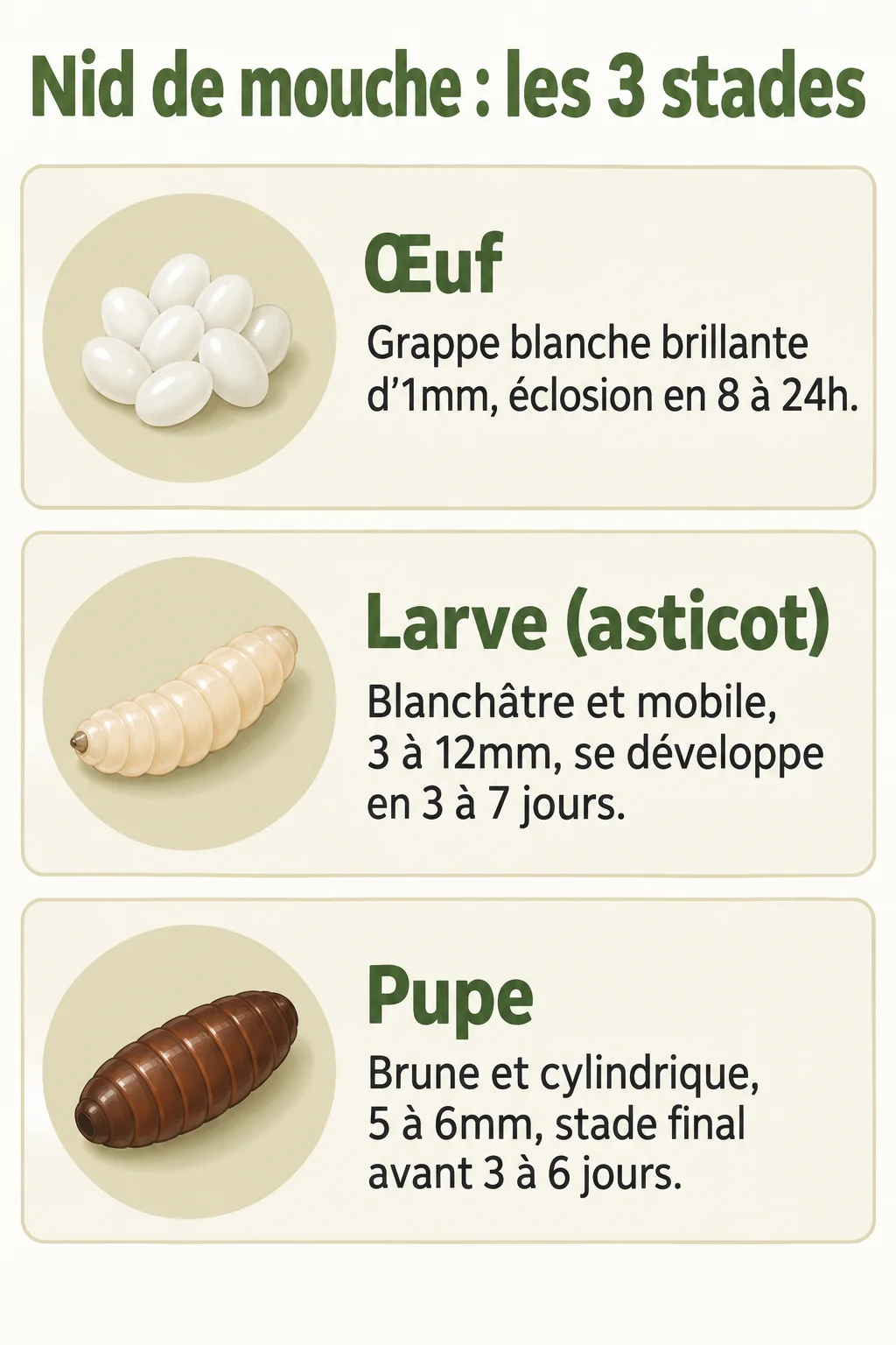 Nid de mouche : les 3 stades : Œuf, Larve (asticot), Pupe