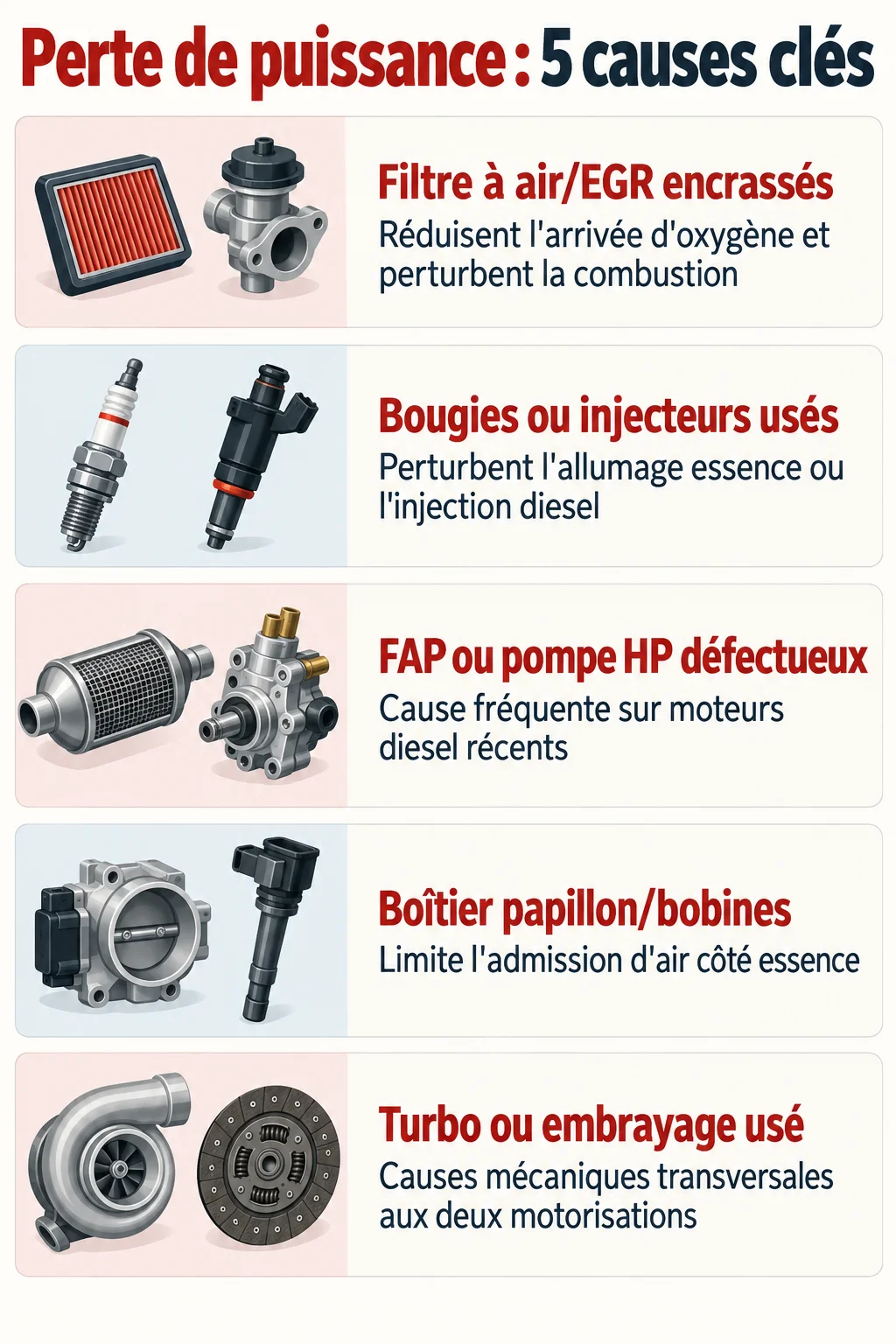Perte de puissance : 5 causes clés : Filtre à air/EGR encrassés, Bougies ou injecteurs usés, FAP ou pompe HP défectueux, Boîtier papillon/bobines, Turbo ou embrayage usé