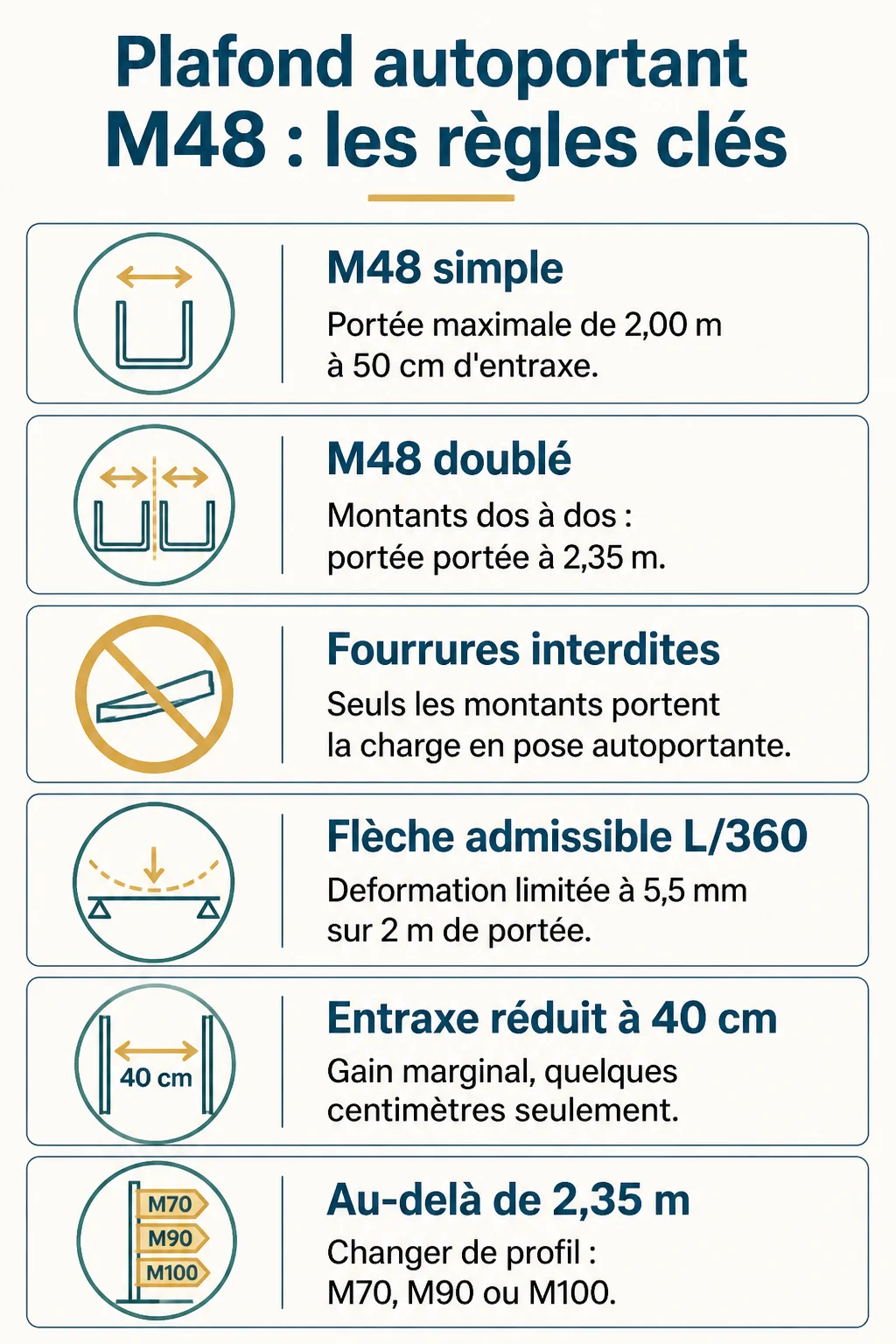 Plafond autoportant M48 : les règles clés : M48 simple, M48 doublé, Fourrures interdites, Flèche admissible L/360, Entraxe réduit à 40 cm, Au-delà de 2,35 m