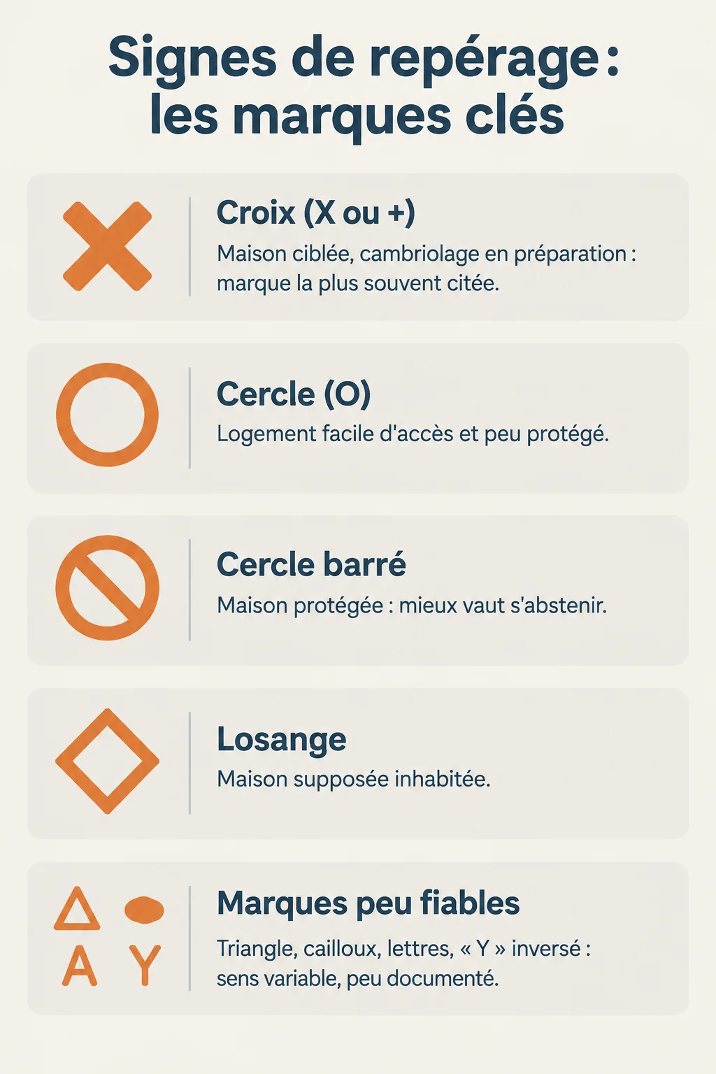 Signes de repérage : les marques clés : Croix (X ou +), Cercle (O), Cercle barré, Losange, Marques peu fiables