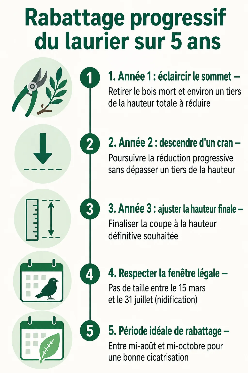 Rabattage progressif du laurier sur 5 ans : 1. Année 1 : éclaircir le sommet, 2. Année 2 : descendre d'un cran, 3. Année 3 : ajuster la hauteur finale, 4. Respecter la fenêtre légale, 5. Période idéale de rabattage