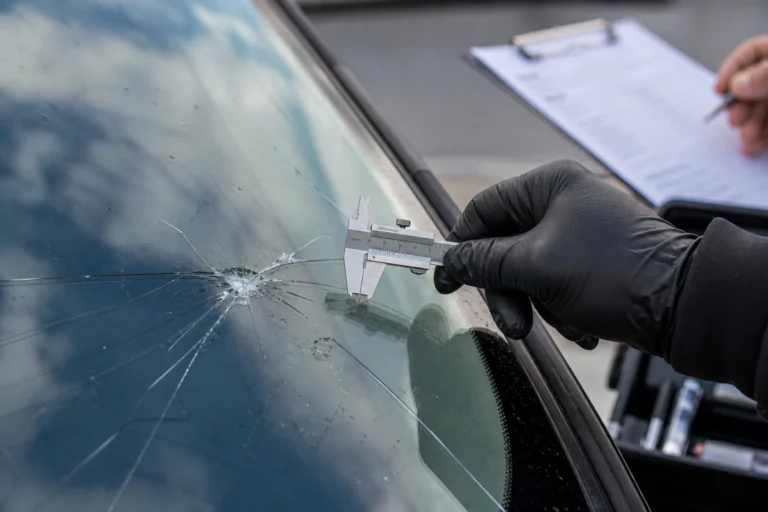 Expert examinant un impact sur un pare-brise avec un outil de mesure