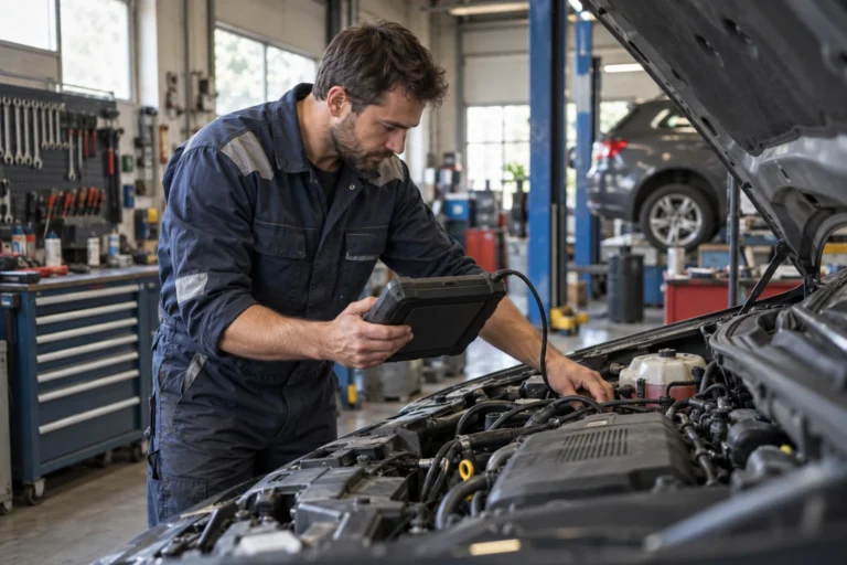 Mécanicien réalisant un diagnostic électronique OBD sur une voiture en perte de puissance dans un garage