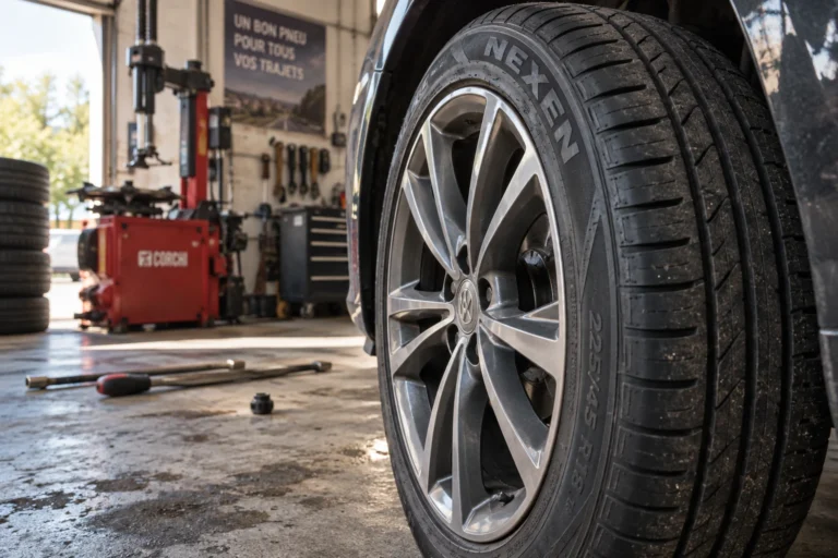 Pneu Nexen monté sur jante alliage dans un garage avec outils de démontage en arrière-plan