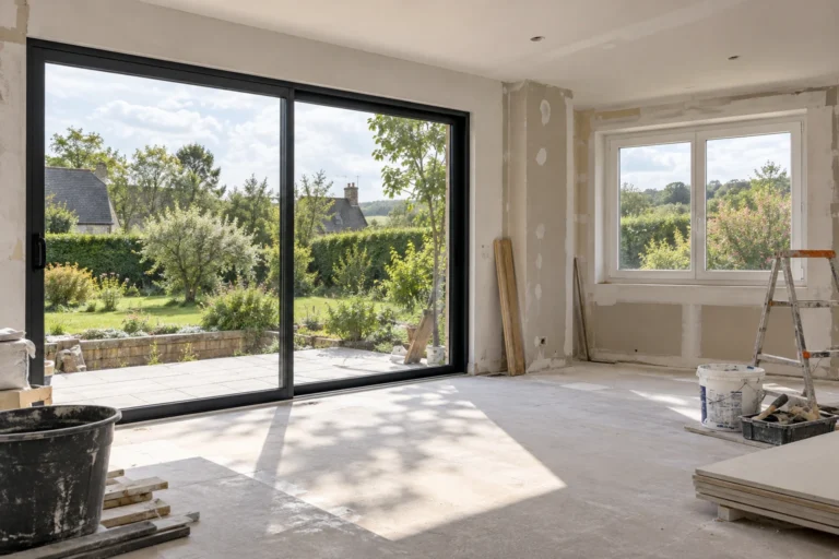 Comparaison d'une baie coulissante alu et d'une fenêtre PVC blanche dans un salon lumineux avec vue sur le jardin