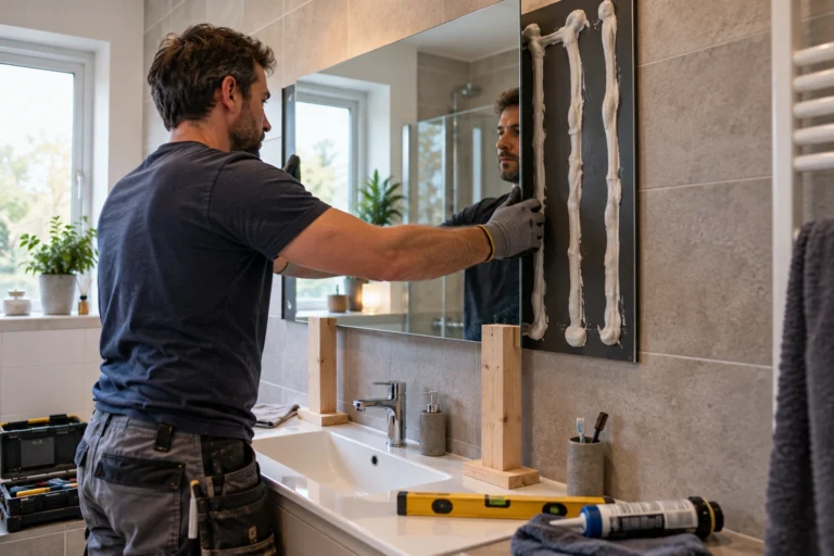Bricoleur posant un miroir lourd avec du mastic-colle et des tasseaux d'étayage sur un mur carrelé