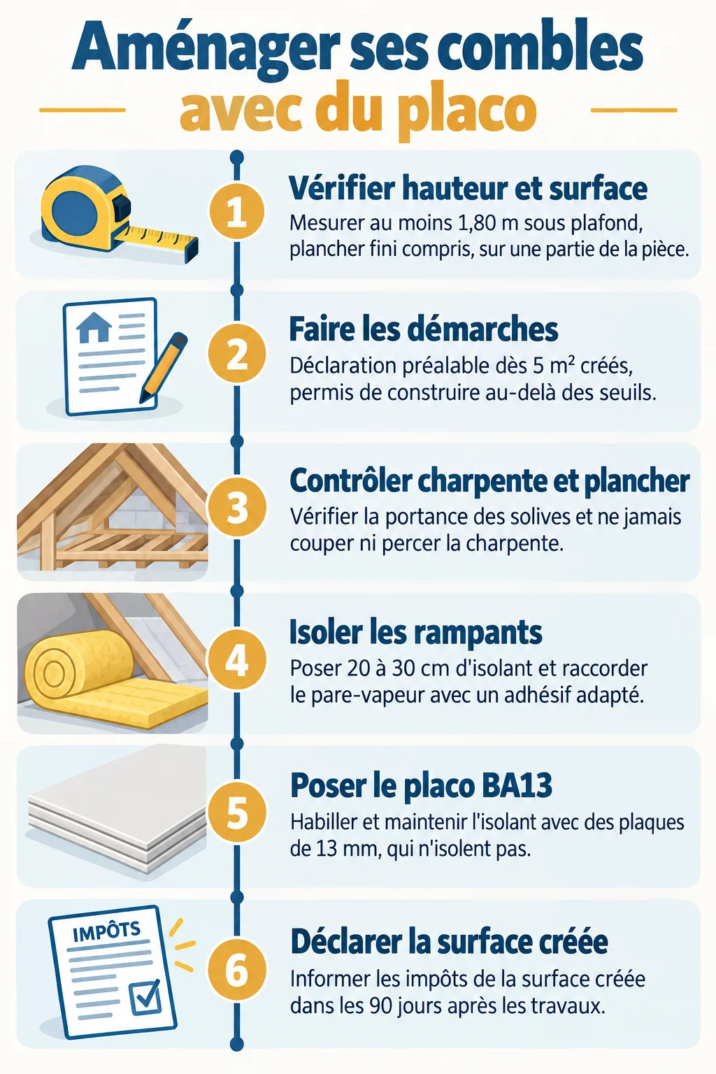 Aménager ses combles avec du placo : 1. Vérifier hauteur et surface, 2. Faire les démarches, 3. Contrôler charpente et plancher, 4. Isoler les rampants, 5. Poser le placo BA13, 6. Déclarer la surface créée