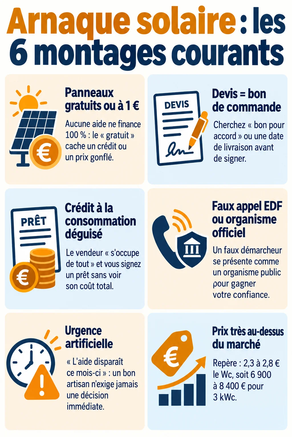 Arnaque solaire : les 6 montages courants : Panneaux gratuits ou à 1 €, Devis = bon de commande, Crédit à la consommation déguisé, Faux appel EDF ou organisme officiel, Urgence artificielle, Prix très au-dessus du marché