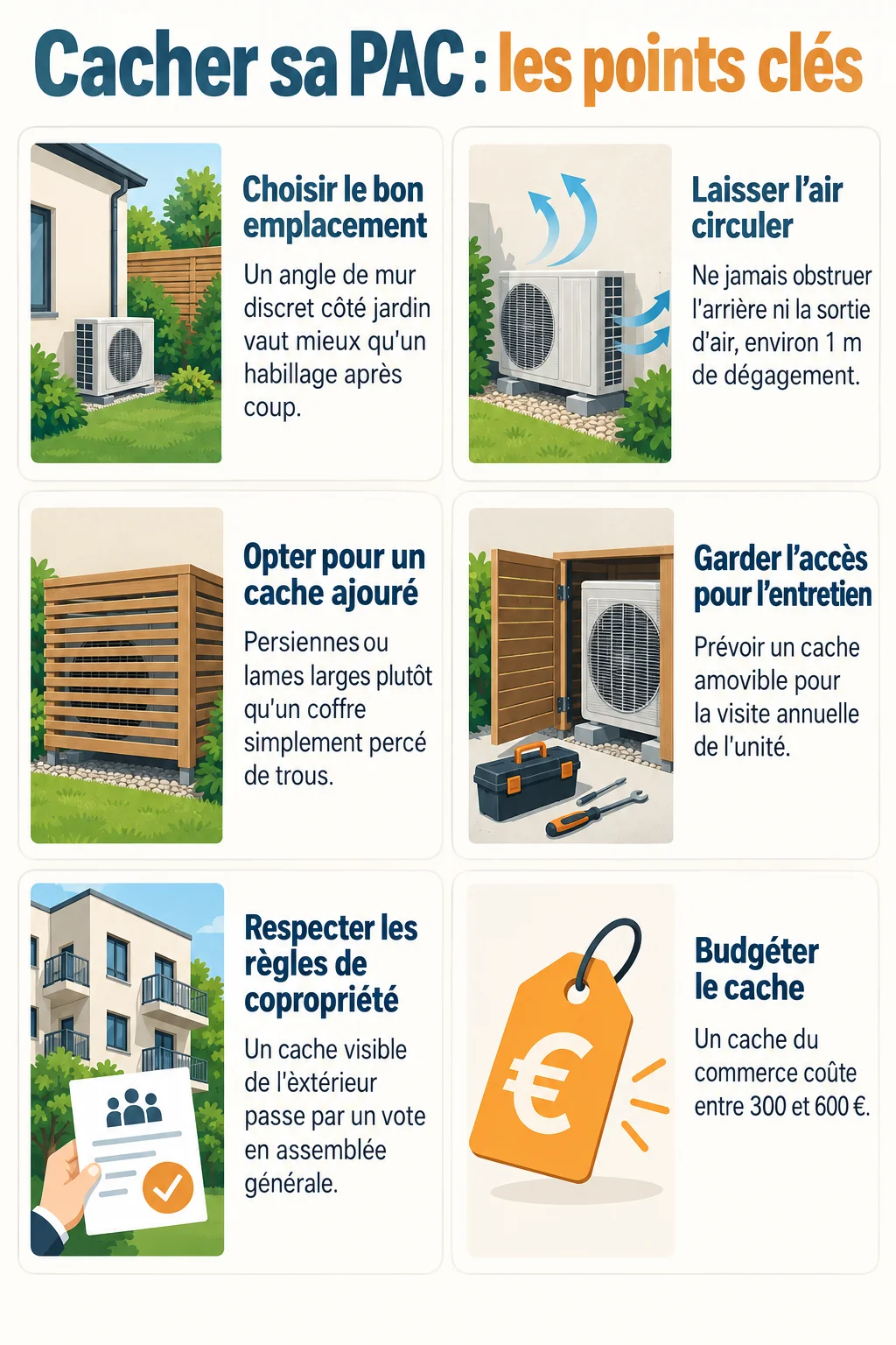 Cacher sa PAC : les points clés : Choisir le bon emplacement, Laisser l'air circuler, Opter pour un cache ajouré, Garder l'accès pour l'entretien, Respecter les règles de copropriété, Budgéter le cache