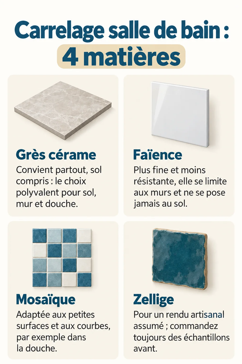 Carrelage salle de bain : 4 matières : Grès cérame, Faïence, Mosaïque, Zellige
