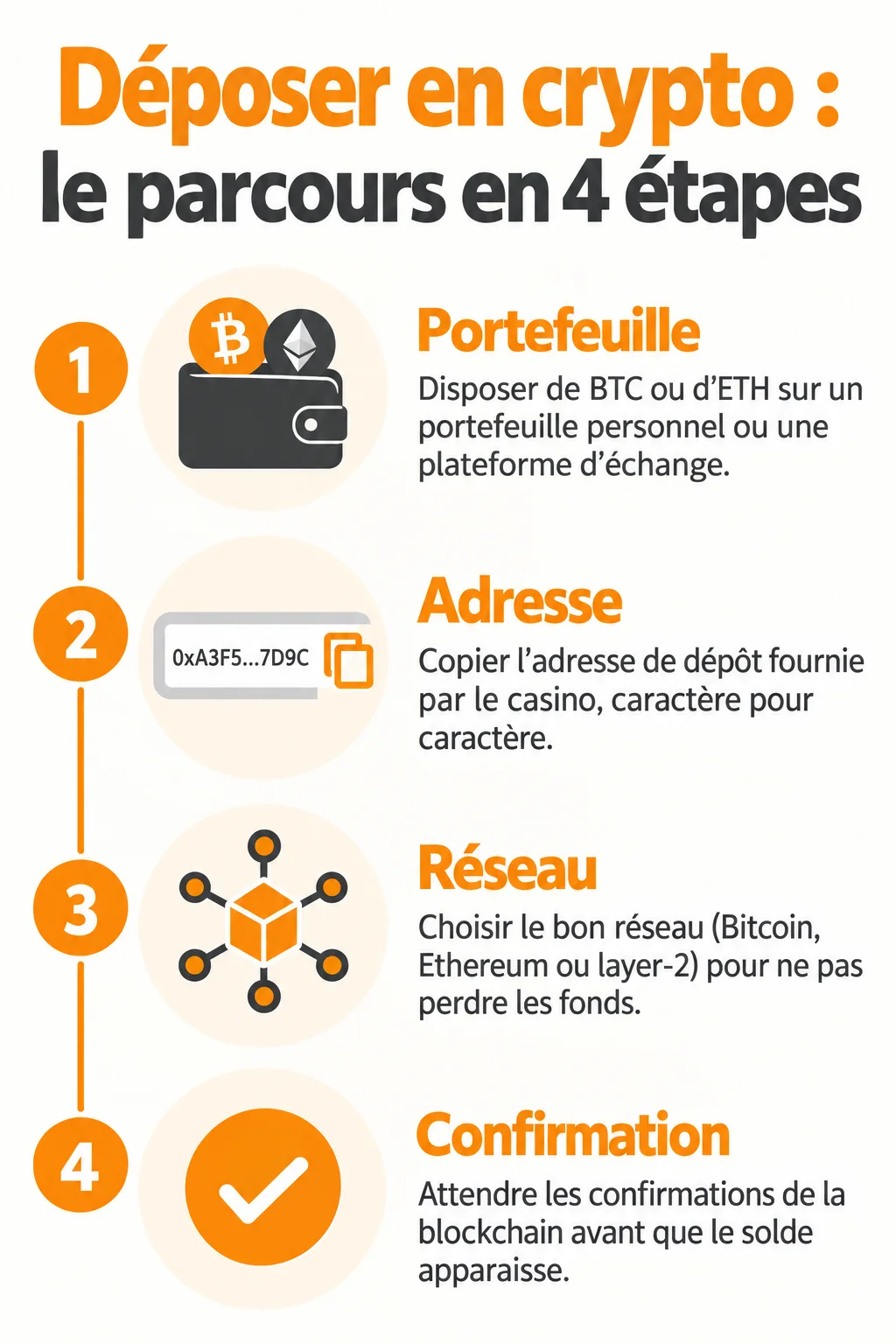 Déposer en crypto : le parcours en 4 étapes : 1. Portefeuille, 2. Adresse, 3. Réseau, 4. Confirmation