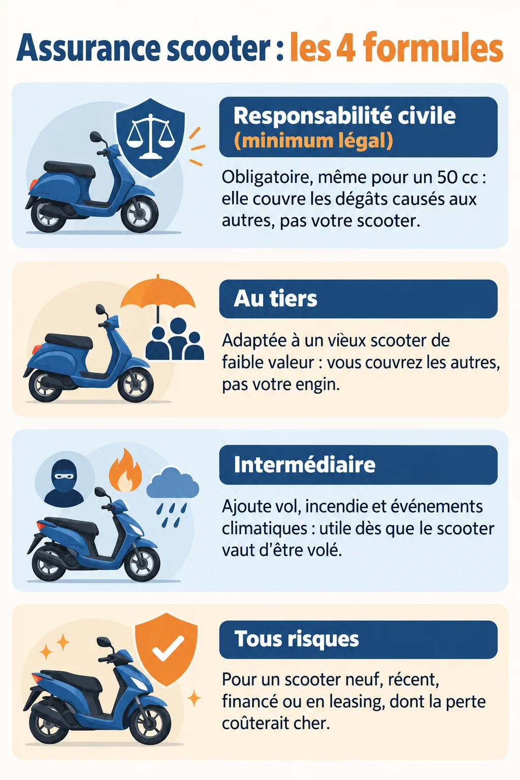 Assurance scooter : les 4 formules : Responsabilité civile (minimum légal), Au tiers, Intermédiaire, Tous risques