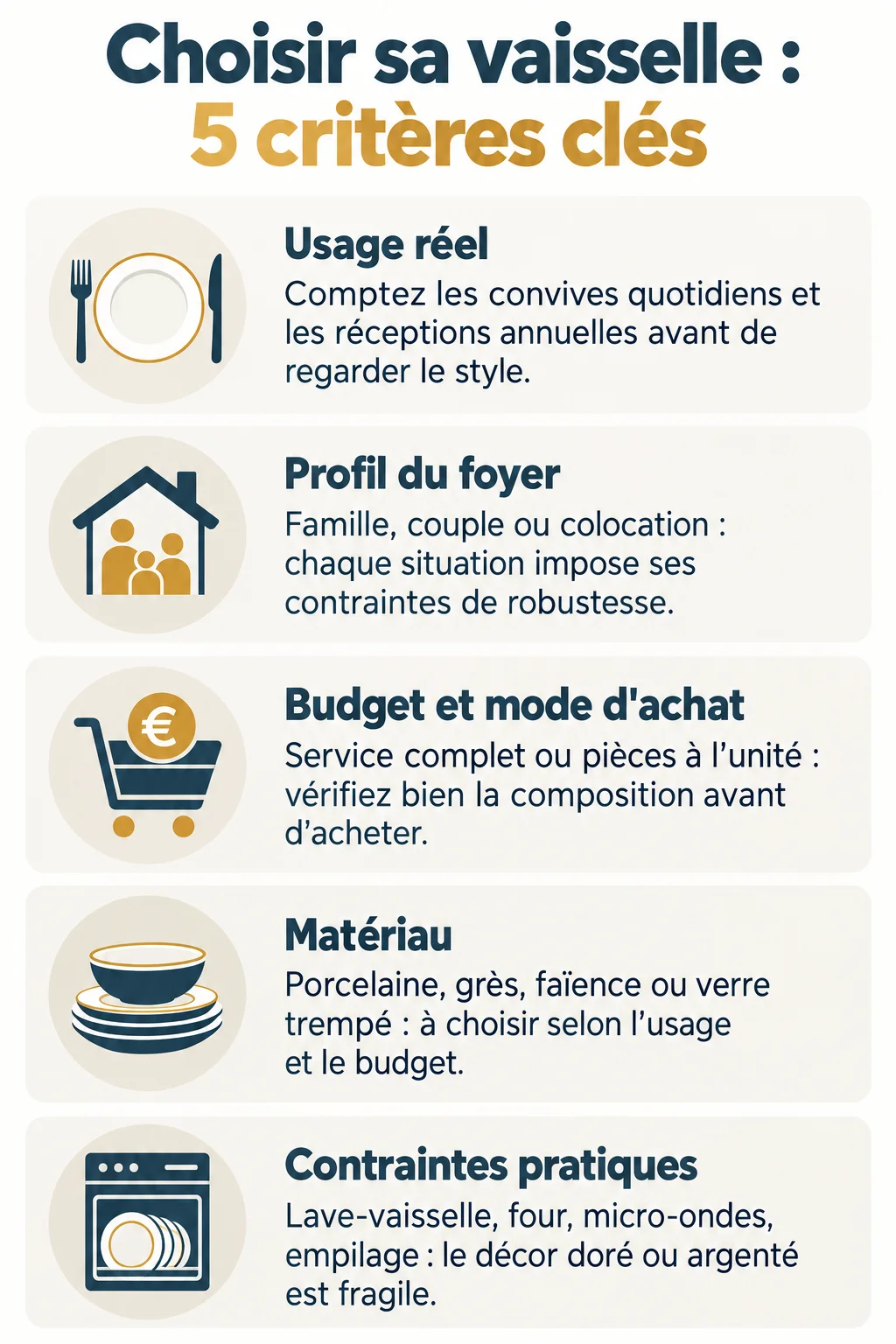Choisir sa vaisselle : 5 critères clés : Usage réel, Profil du foyer, Budget et mode d'achat, Matériau, Contraintes pratiques