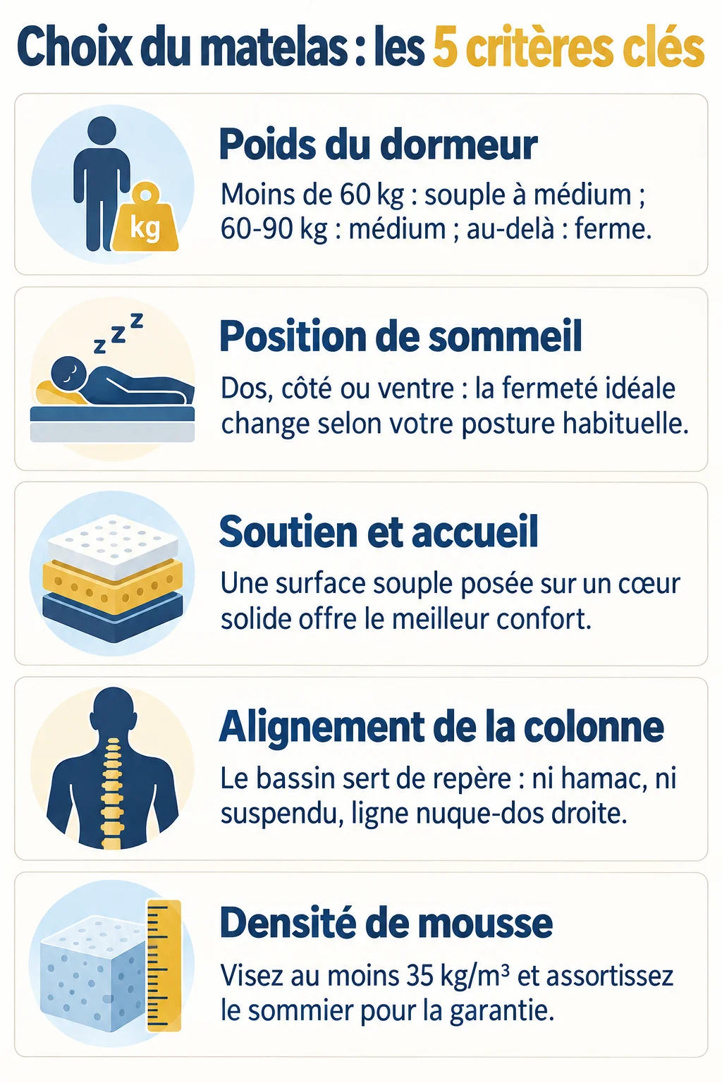 Choix du matelas : les 5 critères clés : Poids du dormeur, Position de sommeil, Soutien et accueil, Alignement de la colonne, Densité de mousse