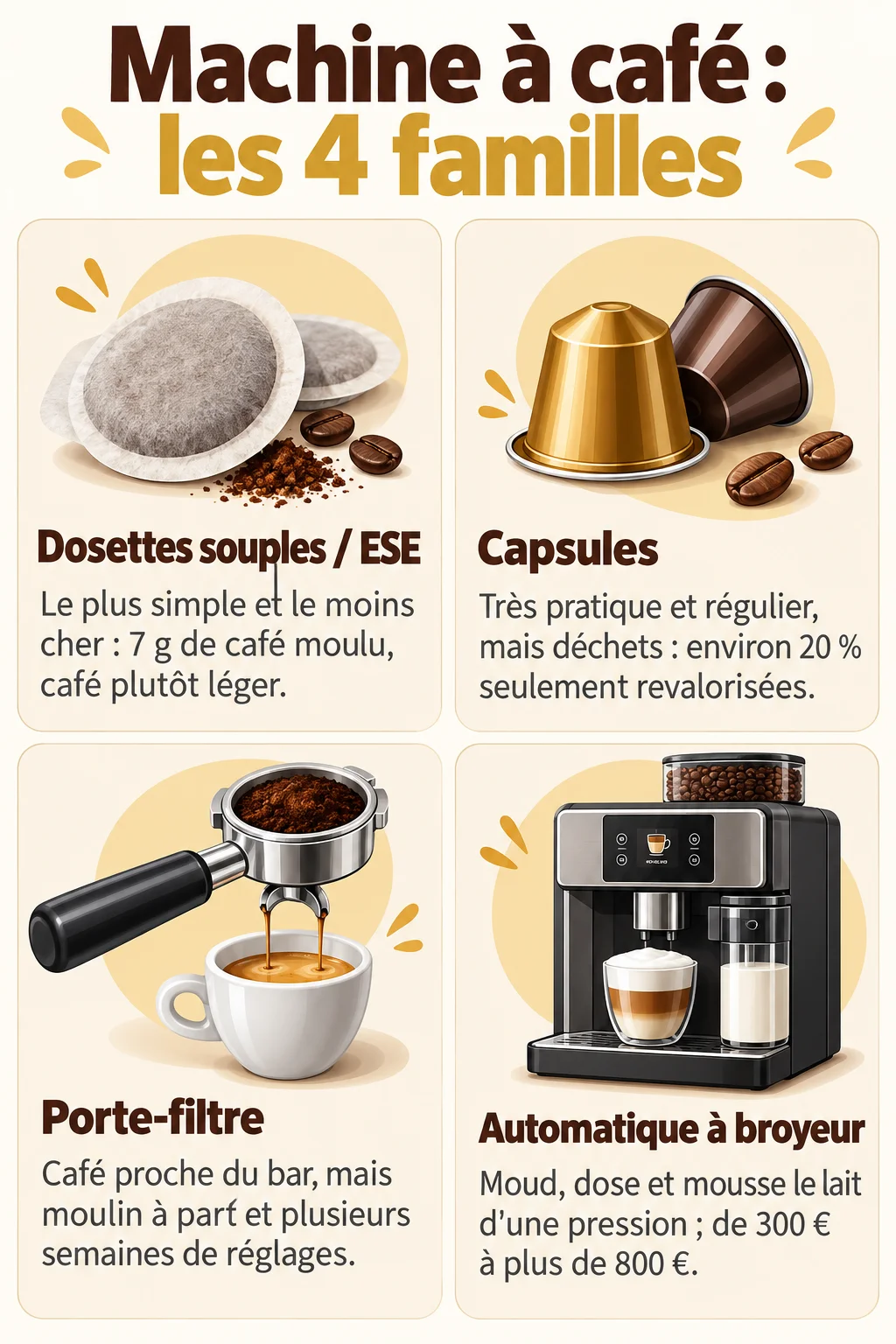 Machine à café : les 4 familles : Dosettes souples / ESE, Capsules, Porte-filtre, Automatique à broyeur